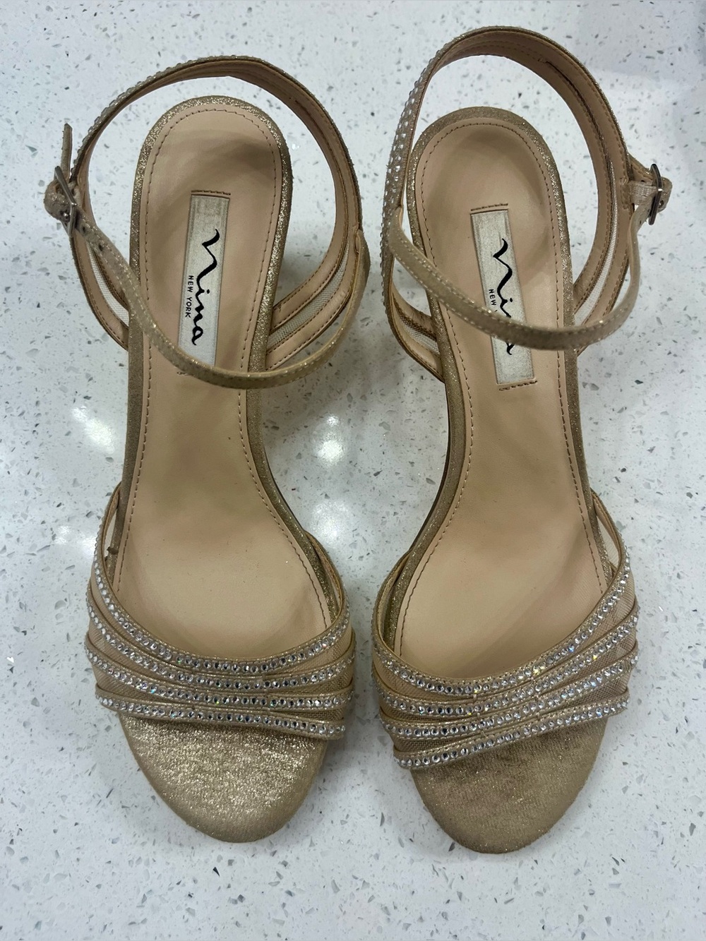 Nina Nathyn Gold Strappy Crystal Ankle-Heel Sandals size 9.5